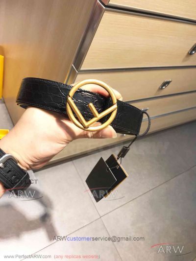 AAA Fake Fendi Black Crocodile Belt - Yellow Gold Buckle 